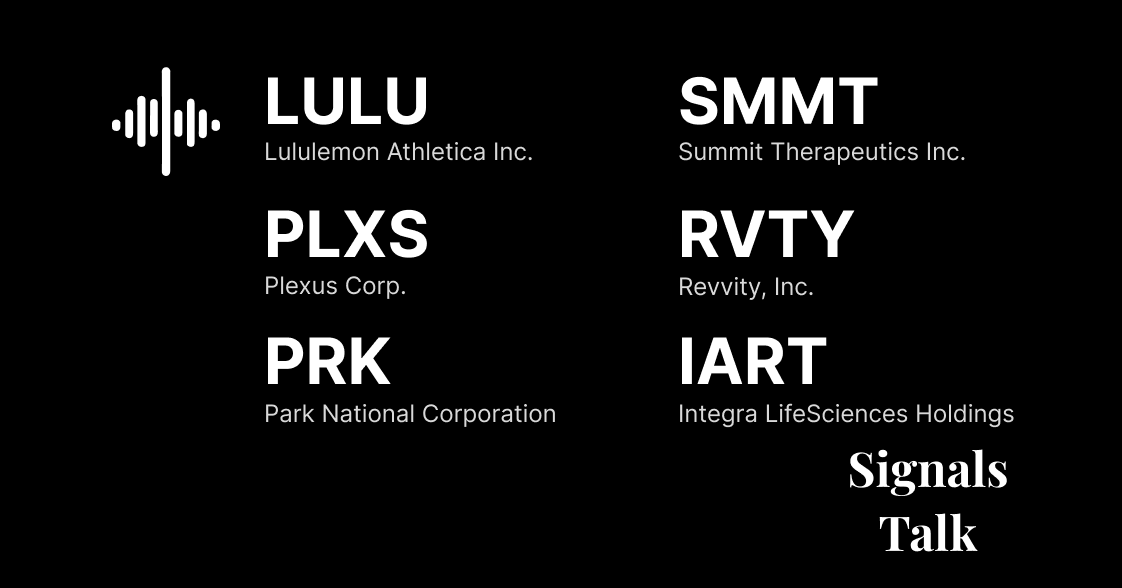 Trading Signals - LULU, PLXS, PRK, SMMT, RVTY, IART